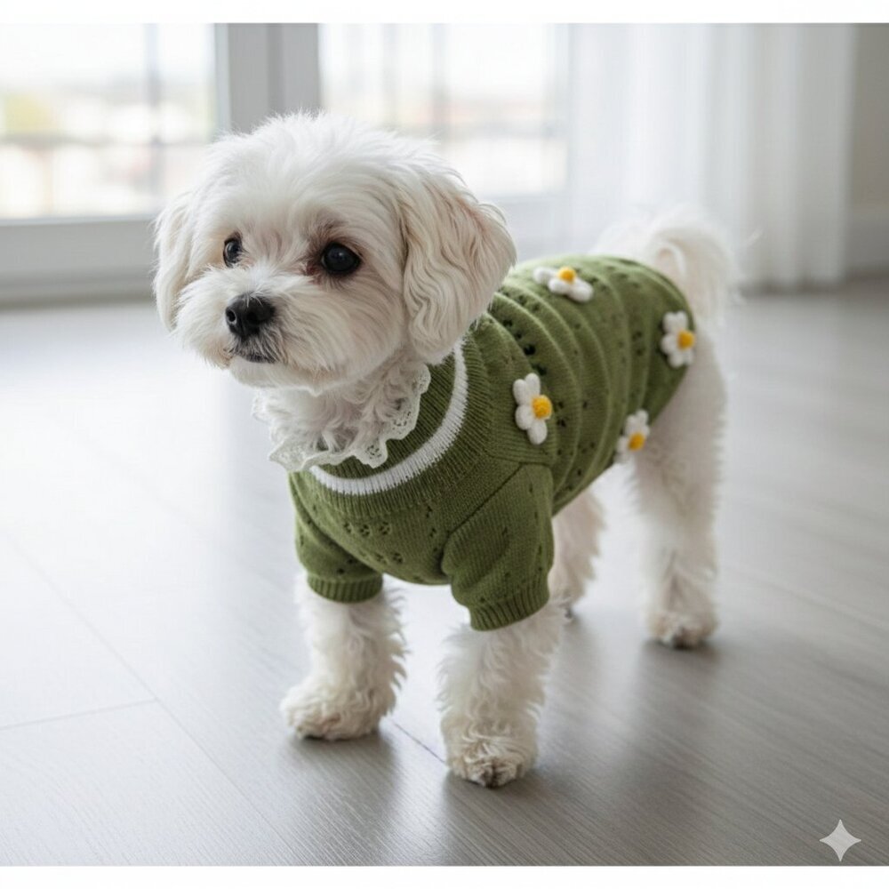 NEW Boho Sage Green Daisy Knit Dog Sweater - Size Medium